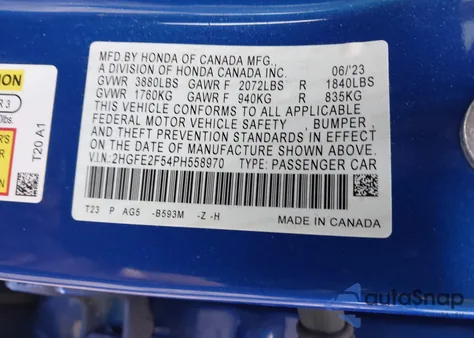 2023 Honda Civic Sport z USA, uszkodzony, nr VIN 2HGFE2F54PH558970